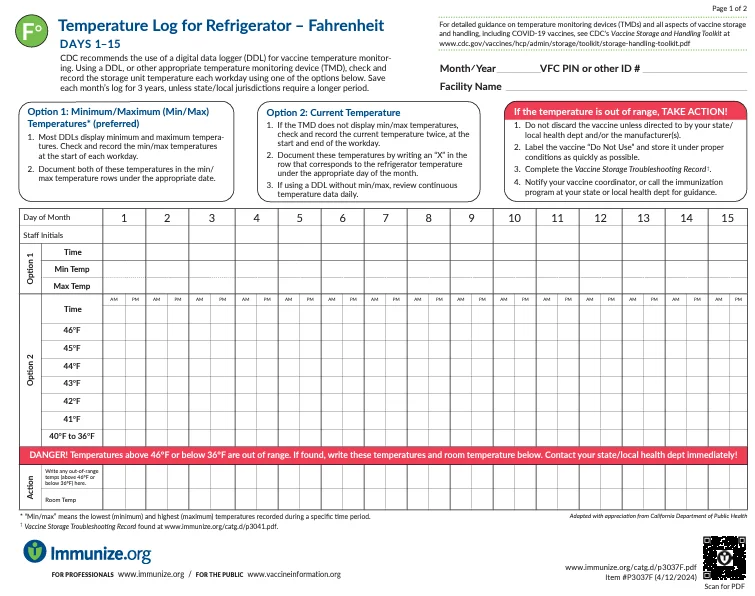 Temperature Log for Refrigerator – Fahrenheit