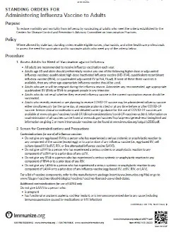 Standing Orders for Administering Influenza Vaccine to Adults
