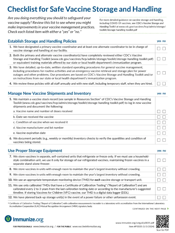  Checklist for Safe Vaccine Storage and Handling