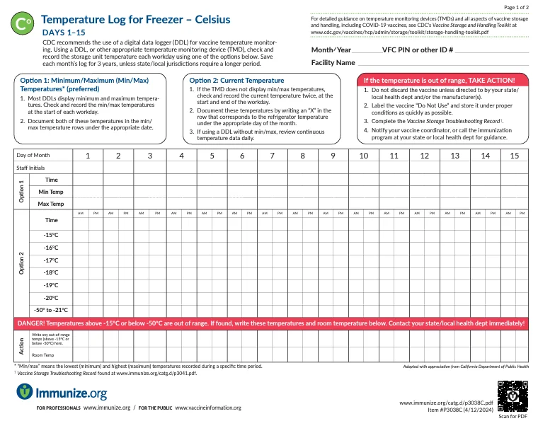 Temperature Log for Refrigerator – Celsius