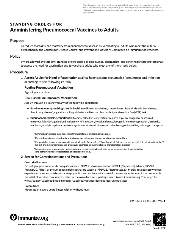 Standing Orders for Administering Pneumococcal Vaccines to Adults